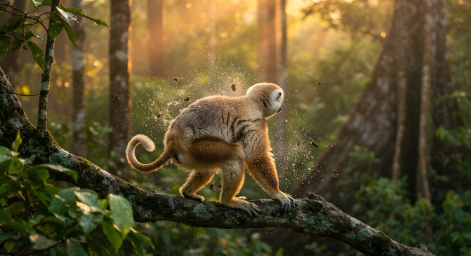 A monkey shaking off water on a tree branch in a lush tropical rainforest