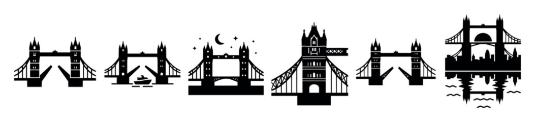 Obraz premium Set of Tower Bridge London vector illustrations in multiple styles and perspectives, including day, night, reflection, and detailed architectural views for landmark and travel design