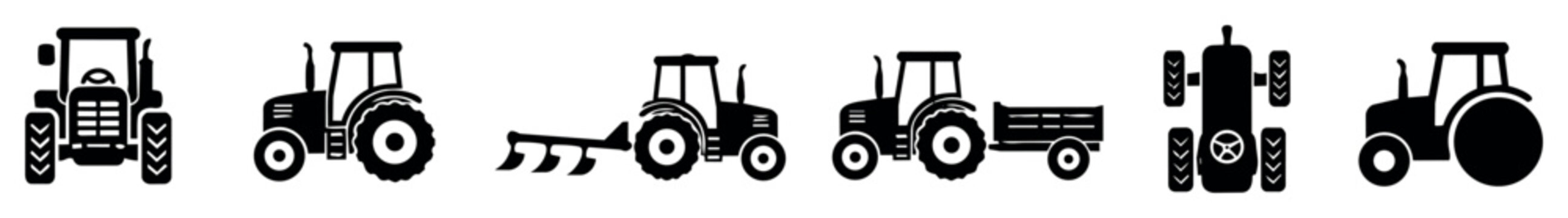 Agricultural tractor icon set with front, side, top views and tractor with plow and trailer illustrations for farm machinery and farming equipment design
