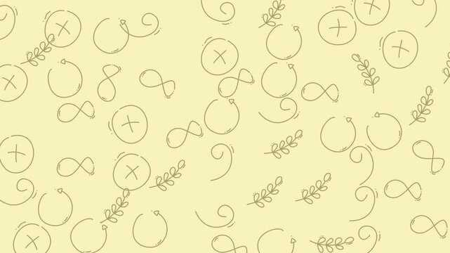 Infinity symbols and botanical leaf sketches appear as a repeating delicate pattern on a pale yellow surface.