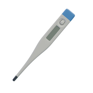 Digital thermometer with a gray plastic body and blue cap, isolated on a transparent background in a clean angled view, ideal for healthcare, medical, wellness, and temperature measurement concepts.