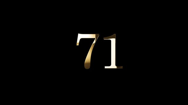 Number 71 in gold style with gold particles and transparent background, seventy one