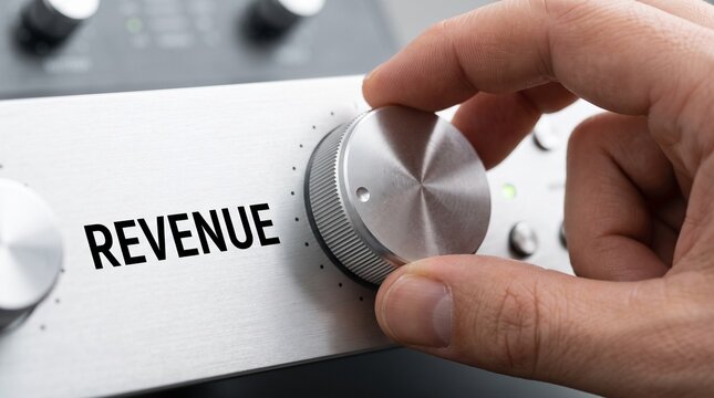 Revenue growth concept with hand turning silver dial, financial performance metaphor, increasing company revenue and profit margins
