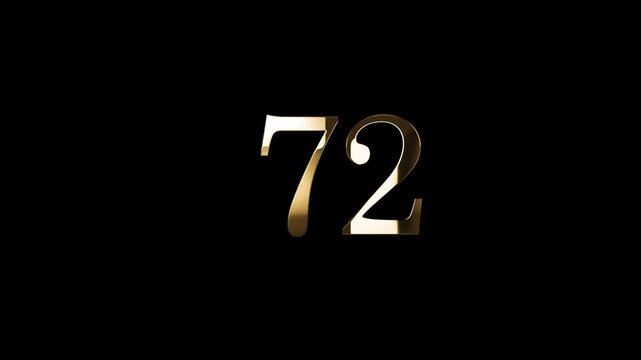 Number 72 in gold style with gold particles and transparent background, seventy two