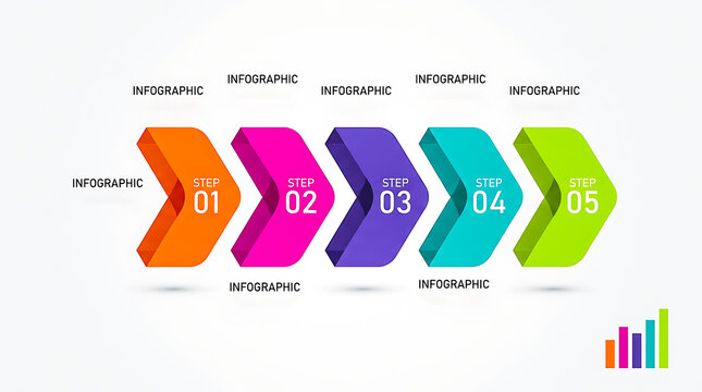 Five colorful stepped chevron arrows infographic template with infographic