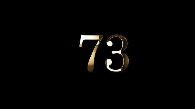 Number 73 in gold style with gold particles and transparent background, seventy three