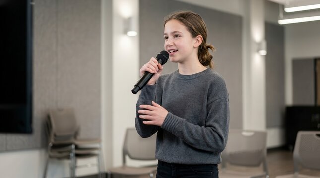 Teenage girl singing into a black microphone in a modern room. Young female performing karaoke or practicing a speech. Public speaking and entertainment concept