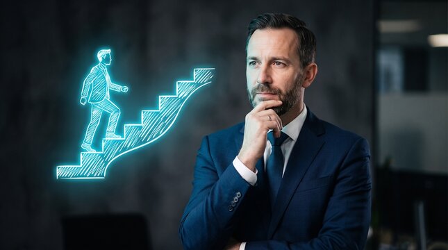 Thoughtful businessman visualizing career growth, glowing hologram of man climbing stairs, professional development and corporate success concept