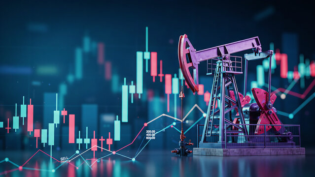 Oil pump jack and financial stock market trading chart analysis with petroleum