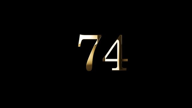 Number 74 in gold style with gold particles and transparent background, seventy four