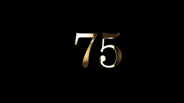 Number 75 in gold style with gold particles and transparent background, seventy five