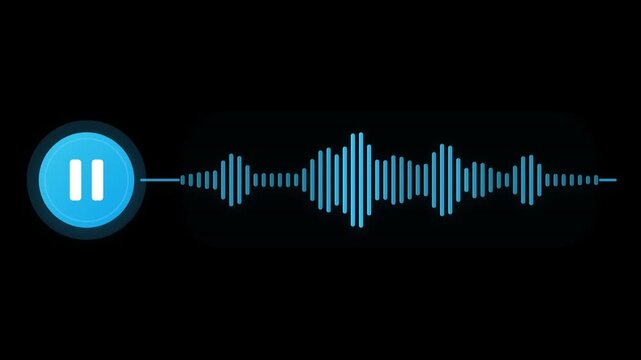 Animated audio player interface with a play and pause button and smooth moving music waveform on a transparent background