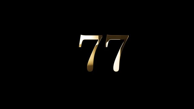 Number 77 in gold style with gold particles and transparent background, seventy seven