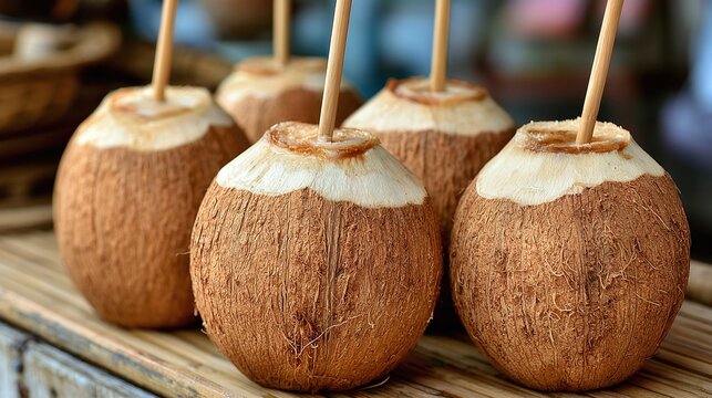Refreshingly rustic coconuts, each with a straw, arranged neatly on a natural bamboo mat, evoking a tropical and healthy beverage experience under warm sunlight