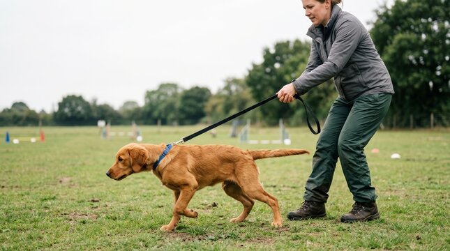 Golden retriever dog pulling on a leash while walking with female owner. Woman training an energetic pet on a grassy field. Dog obedience and behavior concept