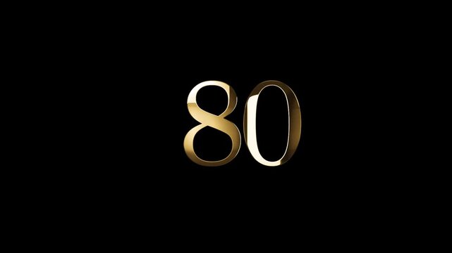 Number 80 in gold style with gold particles and transparent background, eighty