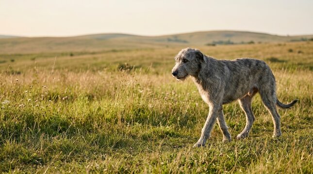 Grey Irish Wolfhound walking in a grassy meadow at golden hour. Large purebred dog in natural outdoor countryside landscape. Summer rural lifestyle with canine pet