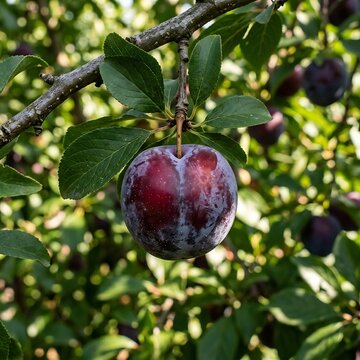 Ripe red plum hanging from tree branch.