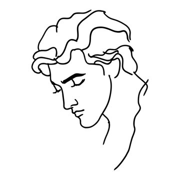 Male portrait head of man looking down in artistic line art style
