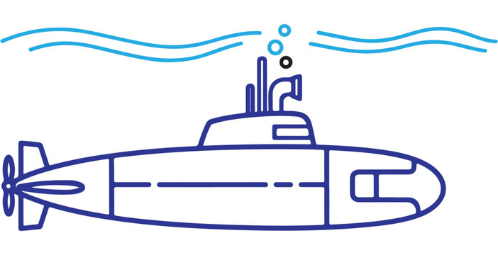 Submarine vector icon with periscope and waves for marine transport design