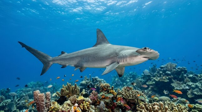 Hammerhead shark swimming over vibrant coral reef in clear blue ocean. Marine predator in natural underwater habitat with colorful tropical fish. Ocean wildlife concept