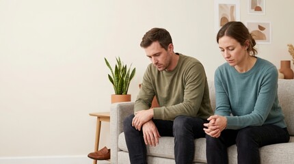 Fototapeta premium Sad couple sitting on a sofa after an argument. Unhappy man and woman experiencing relationship difficulties at home