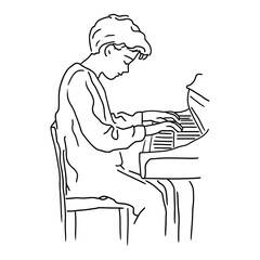 Young boy playing piano during music lesson in minimalist line art style