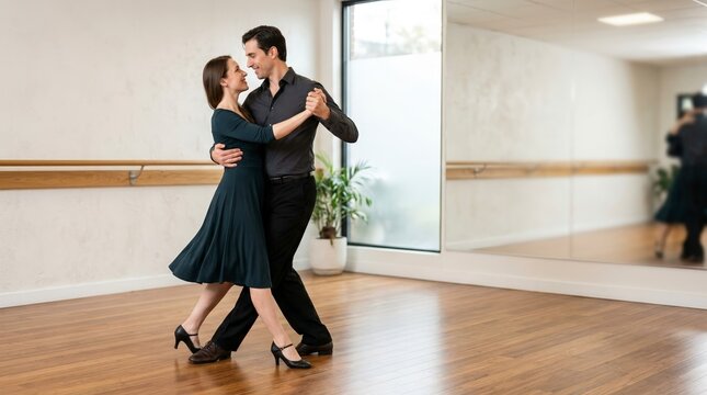 Couple dancing tango in a modern dance studio. Professional dancers practicing ballroom dance on wooden floor. Passionate dance concept