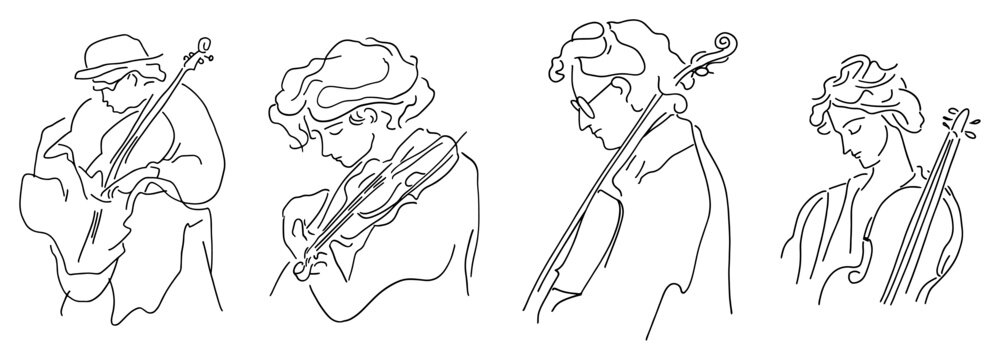 Classical musicians playing string instruments in orchestra ensemble minimalist line art illustration