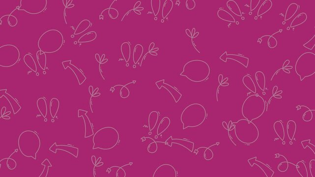 Doodles featuring speech bubbles and floral sketches create a playful pattern on a vibrant magenta background.