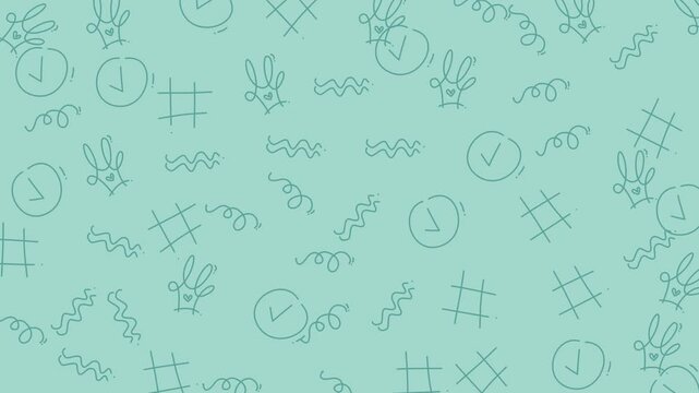 Checkmarks and grid patterns combined with abstract swirls create a structured graphic design on mint green.