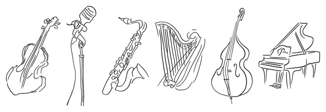 Musical instruments collection including piano harp and saxophone minimalist line art illustration