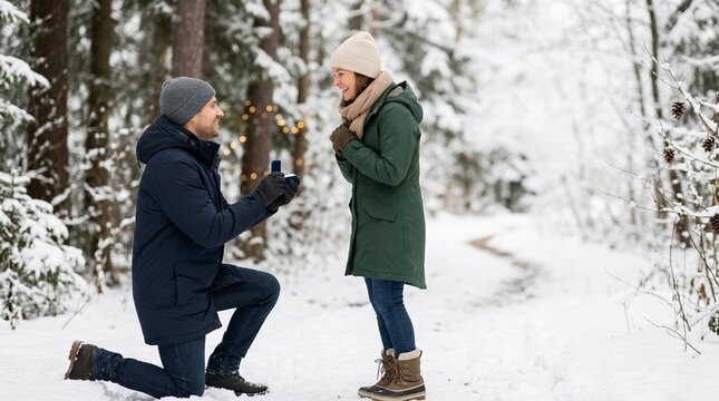 Romantic winter marriage proposal in a snowy forest. Man on one knee proposing to a surprised woman with an engagement ring. Love and relationship concept