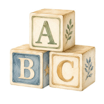 Cute watercolor ABC wooden alphabet blocks in soft blue, cream and sage green, vintage nursery learning toy clipart isolated on white background