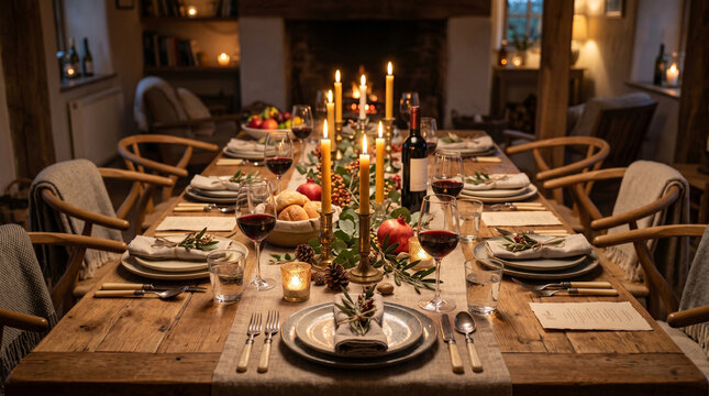 cozy warm candlelit dining table set for a dinner party in a rustic room with a fireplace wine glasses and autumn decor