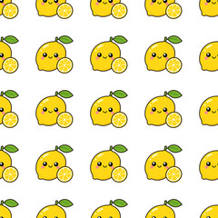 Fototapeta premium Cute cartoon lemon grid seamless pattern background, happy yellow citrus fruit repeating tile