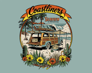 Vintage surf camp woodie wagon illustration. Retro beach car with surfboards and palm trees. Summer road trip vacation vector graphic.