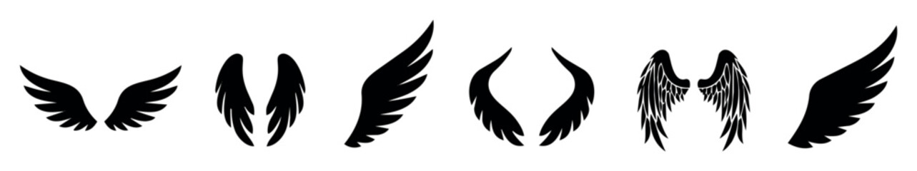 Fototapeta premium Black silhouette wing icon set. Vector illustrations of various bird and angel wings in different shapes and styles for design, decoration, fantasy, mythical, and symbolic use