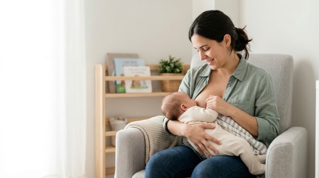 Smiling mother breastfeeding her newborn baby in a comfortable armchair. Loving mom nursing infant at home in a bright nursery. Motherhood and lactation concept