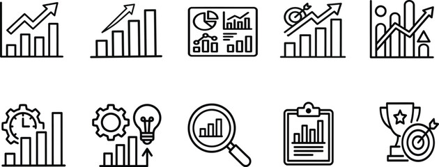 Obraz premium Business Growth Analytics Line Icons Set With BusinCharts, Performance Dashboard, Data Visualization, Marketing Metrics, KPI Report, Investment Strategy, Business Intelligence And Productivity Symbols