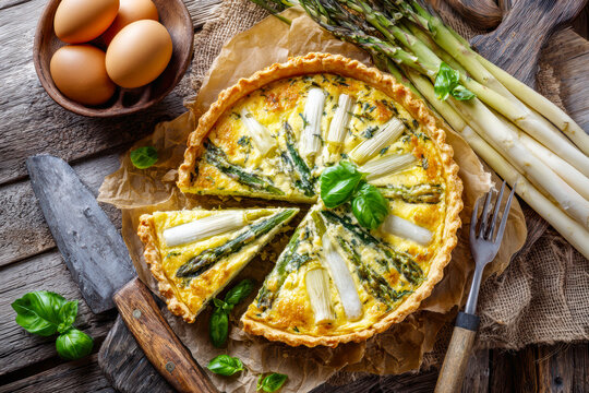 Asparagus Tart with Creamy Filling and Fresh Herbs. AI generative.