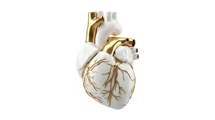 Naklejka premium A luxurious and modern 3D rendered human heart model, exquisitely crafted from pristine white ceramic with highly detailed lustrous golden metallic vascular, isolated on transparent background.