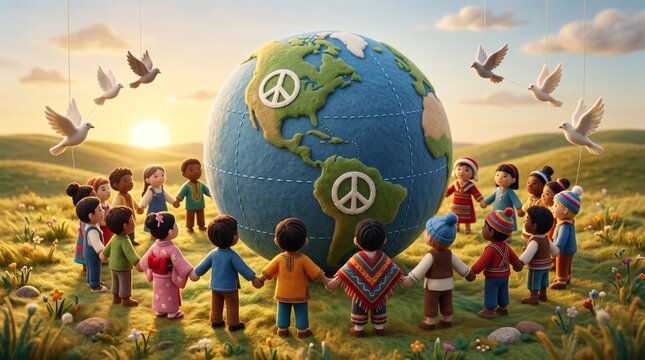 3D render of diverse children holding hands in a circle around a fabric Earth globe with peace symbols