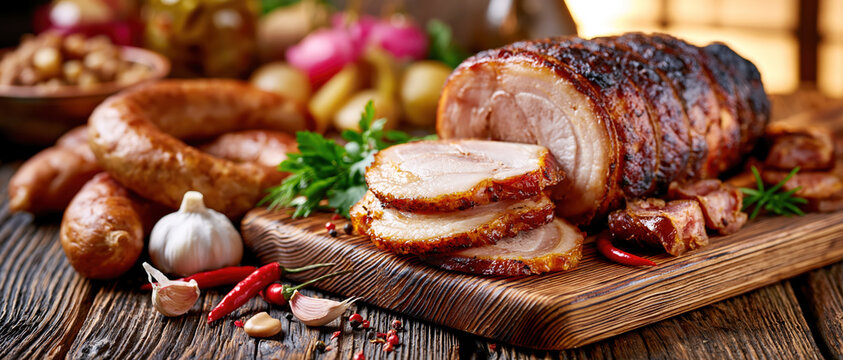 Rustic Smoked Pork Loin on Traditional Farm Table &ndash; AI Generative