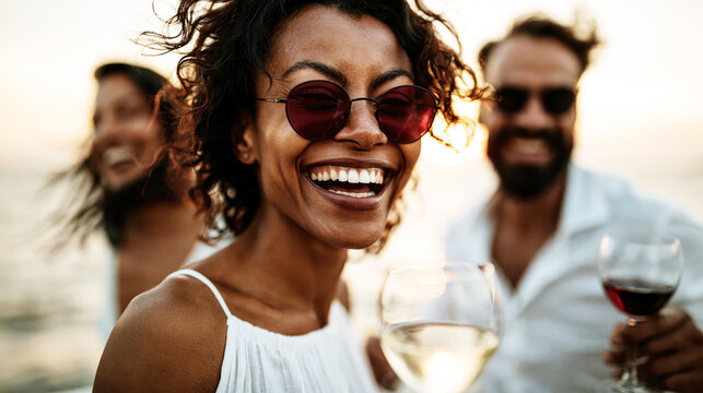 Friends Enjoying Sunset Wine Cruise on Luxury Yacht &ndash; Generative AI &ndash; no real persons