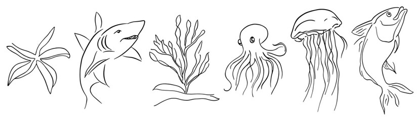 Collection of sea life and ocean animals in minimalist line art style © Cristiano