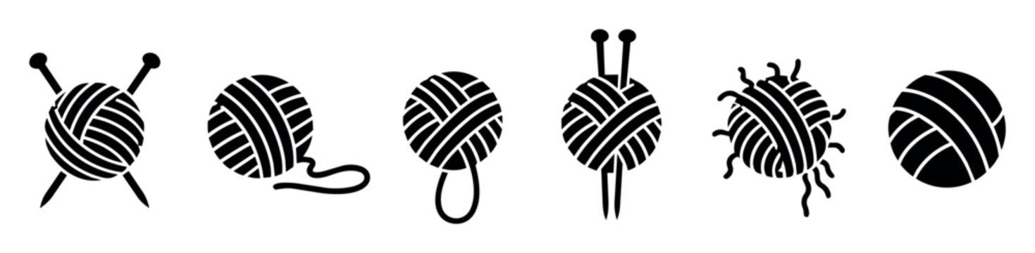 Set of knitting and crochet icons with yarn balls and knitting needles, vector illustrations representing crafting, needlework, hobby, textile arts, and handmade creativity in flat design