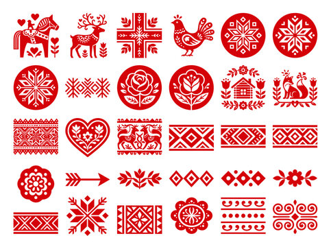 Folk Art Motifs Collection: Animals, Flowers, and Geometric Patterns