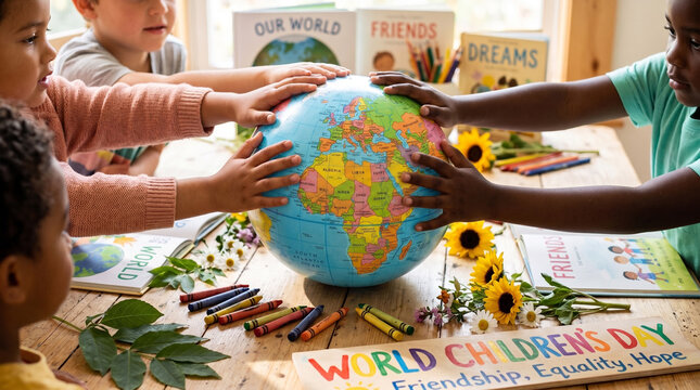 diverse children hands surrounding a globe celebrating world children day together