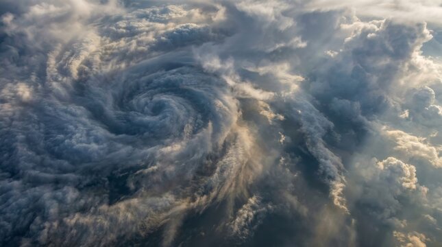 Close aerial of rotating storm cloud vortex with sun rays